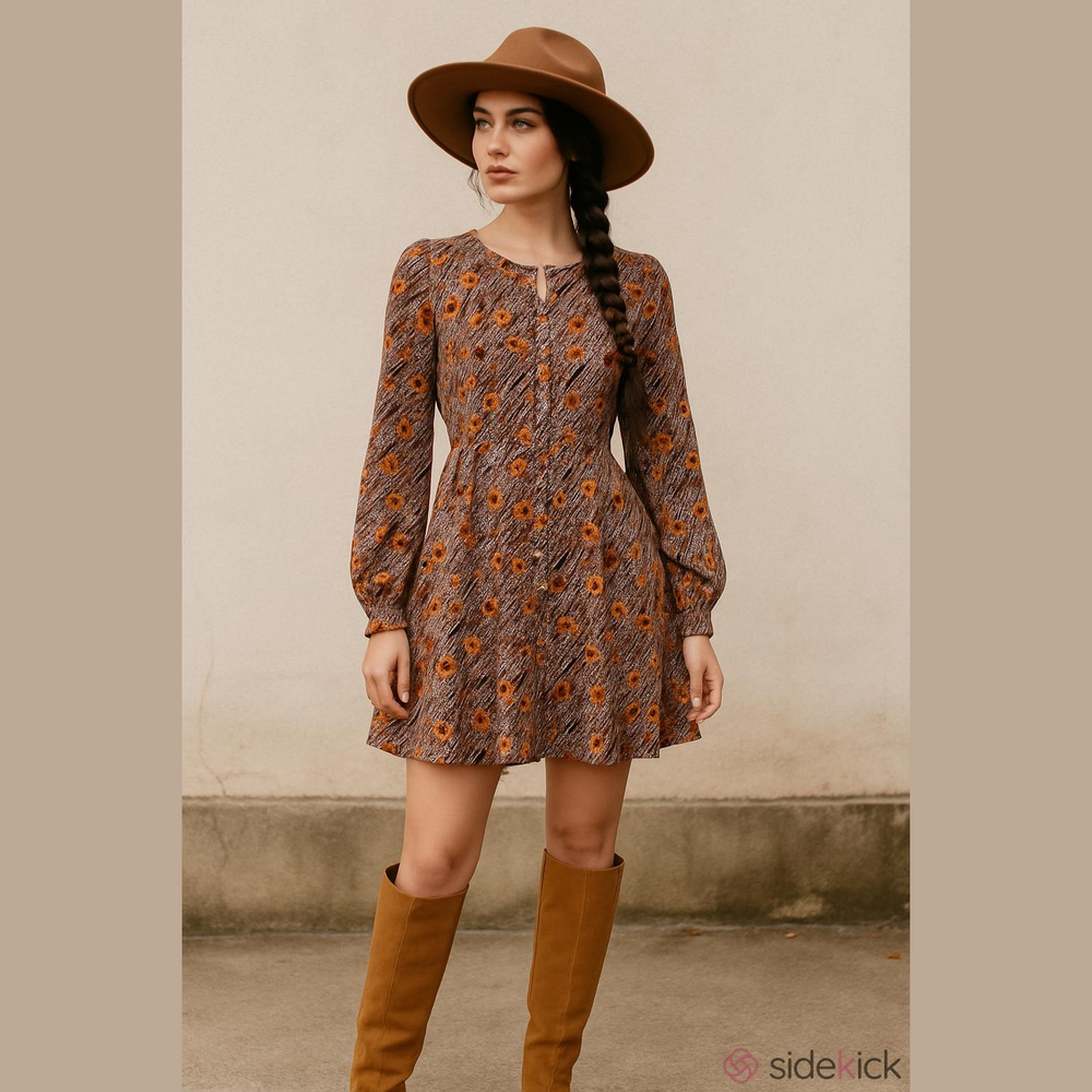 Vintage Peggy Lane Arnel Retro MidCentury Patterned Long Sleeve Silky Dress-38